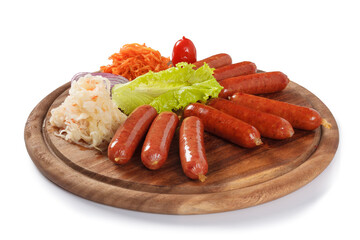 Grilled sausages with pickles on a white background