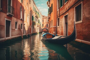 Fototapeta na wymiar Colorful Venice Canal Painting with Gondola - Travel Poster and Wallpaper. Post produced Ai generative Illustration. Generative AI