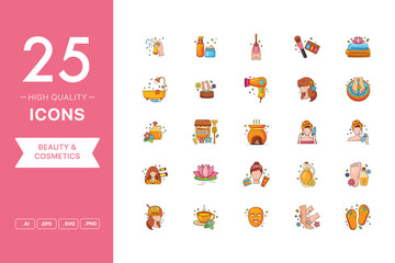 Fototapeta na wymiar Vector set of Beauty and Cosmetics icons. The collection comprises 25 vector icons for mobile applications and websites.