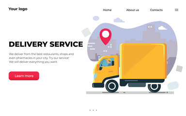 Delivery truck van with courier on city background. Landing page