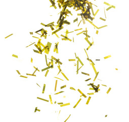 Golden Confetti Foil fall splashing in air. Gold Confetti Foil explosion flying, abstract cloud fly. Many Party glitter scatter in many group. White background isolated high speed shutter freeze