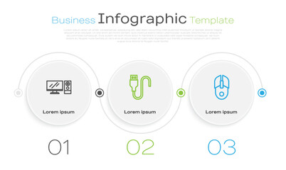 Set line Computer monitor, USB cable cord and mouse. Business infographic template. Vector