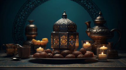 Arabic lantern of ramadan celebration background. AI generated