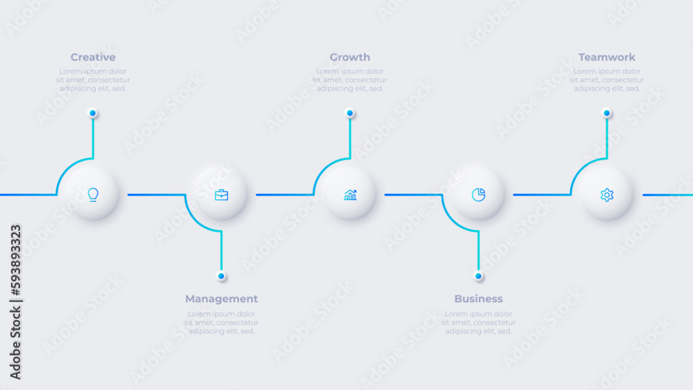 Poster neumorphic concept of development process with 5 options. infographic timeline