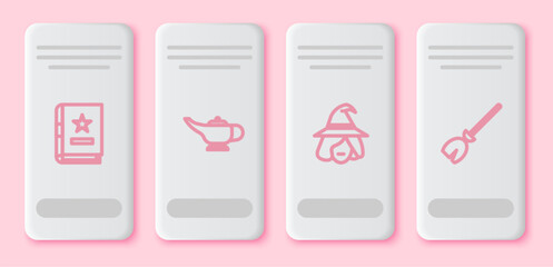 Set line Ancient magic book, Magic lamp or Aladdin, Witch and Witches broom. White rectangle button. Vector