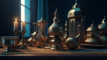 Fototapeta premium Arabic lantern of ramadan celebration background. AI generated