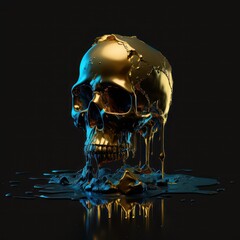 Hovering skull made of brass melting and dripping clean. 3d art style about skull. Generative AI.