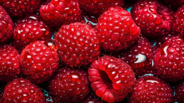 Raspberry background. Fresh red berries. Raspberry fruits horizontal background. Al generated