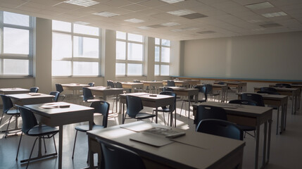 Fototapeta na wymiar classroom with rows of neatly arranged desks and chairs, illuminated by cinematic lights for a modern and professional setting AI generated illustration