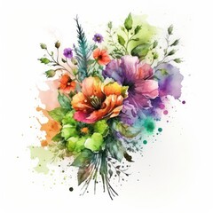 Watercolor flower bouquet neon colors isolated white background. Flower of watercolour. Watercolor art. Generative AI.