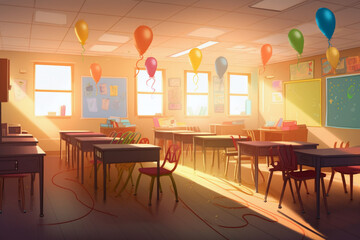 classroom with rows of desks and chairs meticulously arranged, enhanced by cinematic lights for an aesthetically pleasing and engaging educational settings AI generated illustration