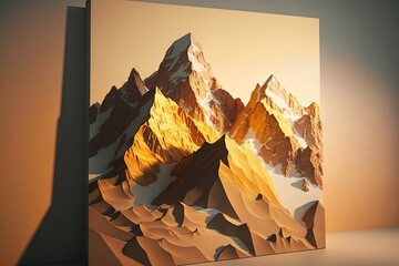 A majestic mountain range with a neutral background, showcasing details of each mountain peak, illuminated by natural light during golden hour, and featuring warm colors. Generative AI