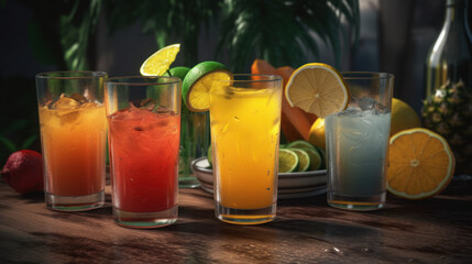 Stylish fresh cocktails and juice drinks with fruits on a black background. Al