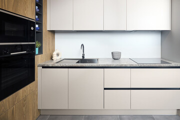 Urban rustic loft style kitchen interior in wooden facade and stoneware countertop tabletop with...