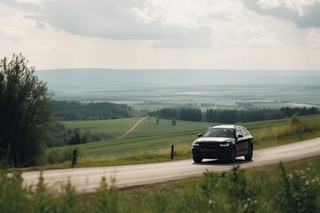 Obraz na płótnie Canvas A black car on the road against the backdrop of a beautiful rural landscape with copy space 