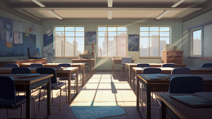 Fototapeta professionally organized classroom with rows of desks and chairs, lit up by cinematic lights, creating a visually stunning and inviting environment for studentsAI generated illustration obraz