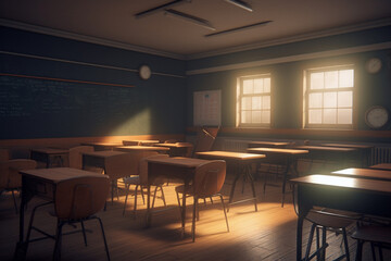 classroom with perfectly aligned rows of desks and chairs, accentuated by cinematic lights for a polished and sophisticated learning environmentAI generated art