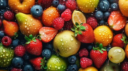 Obraz premium Juicy fruits top view background. Al generated