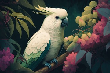 Colorful Australian Cockatoo Parrot in Tropical Rainforest with Exotic Plants and Flowers. Generative AI
