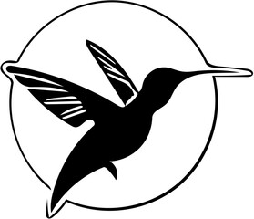 Black and white vector logo design of a flying hummingbird, silhouette illustration of bird 