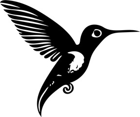 Black and white vector logo design of a flying hummingbird, silhouette illustration of bird 