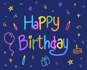 Colorfull happy birthday lettering with balloons, garland, cake and candles on blue background.