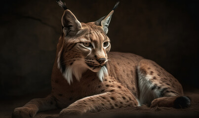 photo of a lying Caracal on dark background. Generative AI