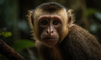 Fototapeta premium Photo of capuchin monkey in its lush, verdant rainforest habitat. The monkey's piercing eyes, expressive face, and nimble movements are brought to life in this hyperrealistic image. Generative AI