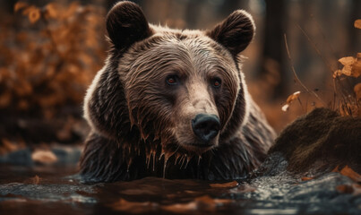 close up photo of Ursus arctos standing in water with blurry forest background. Generative AI