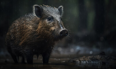 photo of bushpig standing in muddy water in a forest. Generative AI