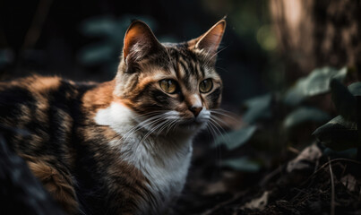 Naklejka na ściany i meble photo of calico cat in a green forest. Generative AI
