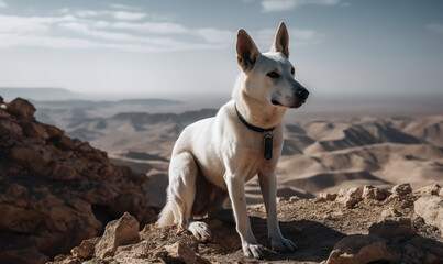 Photo of Canaan dog, breed native to the Middle East, amidst the rugged terrain of Israeli desert. vast expanse of the desert is providing a stunning backdrop for this majestic animal. Generative AI