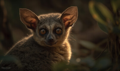 Photo of bushbaby bathed in the warm glow of the setting sun and surrounded by lush foliage in the heart of the African jungle, where the bushbaby thrives in its natural environment. Generative AI