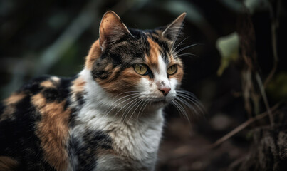 Naklejka na ściany i meble Calico cat in lush greenery of its surroundings. A portrait of feline perfection. Generative AI