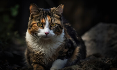 close up photo of calico cat on natural blurry forest background. Generative AI