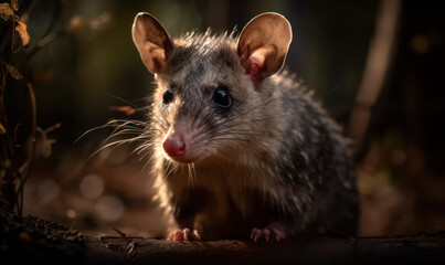 sunset close up photo of brown four-eyed opossum, a small, arboreal marsupial, on blurry forest background at sunset. Generative AI