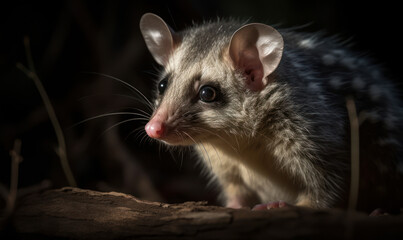 close up photo of brown four-eyed opossum, a small, arboreal marsupial, on blurry forest background at sunset. Generative AI