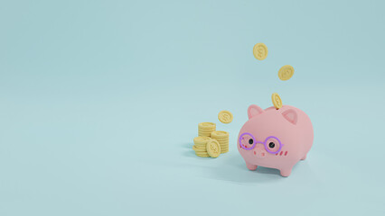 Piggy bank with coins. Financial, Banking,  Investment, Money saving,  concept.  Minimal style 3D Illustration.