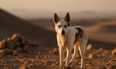 Photo of Canaan dog, breed native to the Middle East, amidst the rugged terrain of Israeli desert. vast expanse of the desert is providing a stunning backdrop for this majestic animal. Generative AI