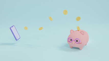 Piggy bank with coins and Mobile Phone. Financial, Banking,  Investment, Money saving,  concept.  Minimal style 3D Illustration.