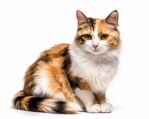 photo of calico cat isolated on white background. Generative AI - obrazy, fototapety, plakaty