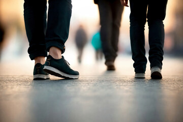 Fototapeta premium Close-up legs walking on a city street. Generative AI.