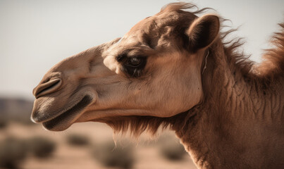 Photo of camel amidst the vast, arid expanse of Sahara desert with every hair and wrinkle sharply defined, its piercing gaze capturing the essence of the harsh, unforgiving landscape. Generative AI
