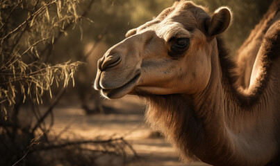 Obraz premium close up photo of camel on natural African sertting background. Generative AI