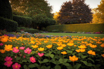 Obraz premium Flower garden, flowerbed, flowers close-up, landscaping, beautiful nature in summer. Generative AI.