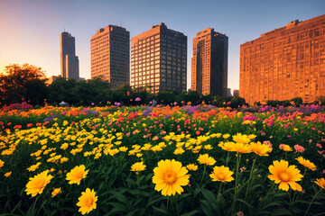 Flower garden, flowerbed close-up in modern city, landscaping, beautiful nature in summer. Generative AI.