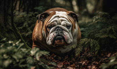 Photo of Bulldog, capturing the essence of its rugged and playful nature in the lush greenery of its natural surroundings. Generative AI.