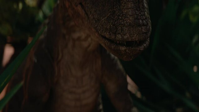 CU Shot of a dinosaur tyrannosaurus t-rex eye roaring into camera. Realistic 3d rendering