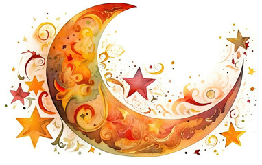 AI generated Ramadan Kareem background with crescent moon and stars, watercolor