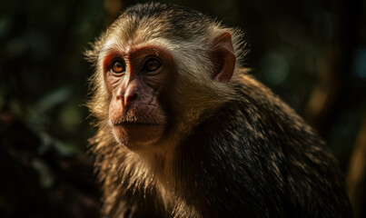 close up photo of capuchin monkey on blurry bokeh forest background. Generative AI